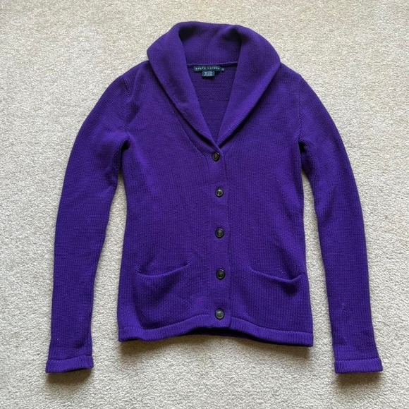 Vtg Ralph‎ Lauren Cashmere Blend Shawl Knit Purple Cardigan Sweater 90s Small - Picture 1 of 5